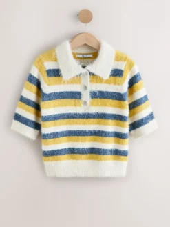 Next Gem Button Short Sleeve Knitted Polo Jumper Blue/Yellow Stripe Best