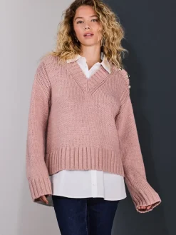Next V-Neck Knitted Shirt Layer Look Jumper Blush Pink Online