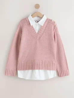 Next V-Neck Knitted Shirt Layer Look Jumper Blush Pink Online