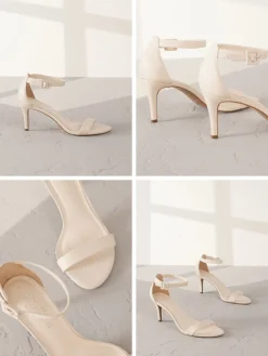 Next Signature Premium Leather Round Toe Buckle Detail Mid Simple Sandals Bone Sale