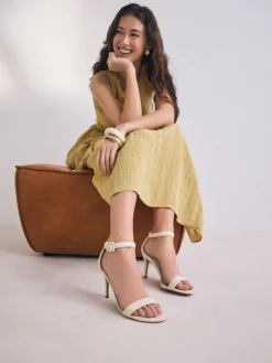 Next Signature Premium Leather Round Toe Buckle Detail Mid Simple Sandals Bone Sale