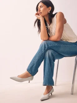 Next Standard/Wide Fit Point Toe Low Kitten Heels Shoes Bone Clearance