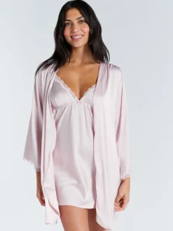 Boux Avenue Kaya Lace Trim Satin Robe Pink Online