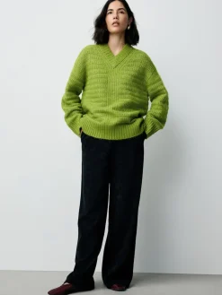 Next Ribbed Longline V-Neck Jumper With Wool Bright Green Clearance
