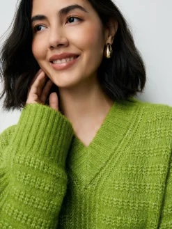 Next Ribbed Longline V-Neck Jumper With Wool Bright Green Clearance