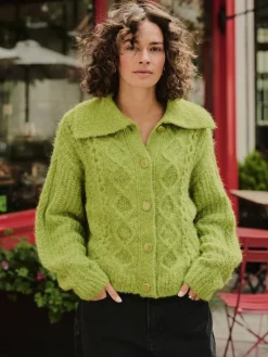 Next Wool Blend Cable Knit Collar Cardigan Bright Green