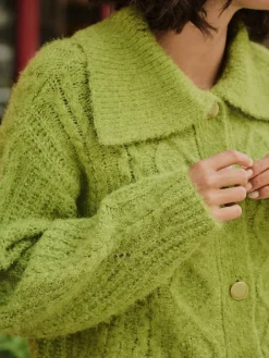 Next Wool Blend Cable Knit Collar Cardigan Bright Green