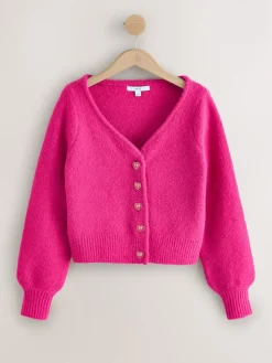Next Heart Button Cardigan With Wool Bright Pink New