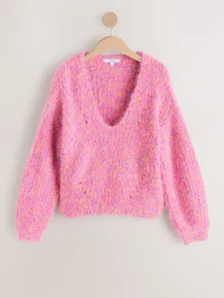 Next Fuzzy Texture V-Neck Knitted Jumper Bright Pink Neppy Sale