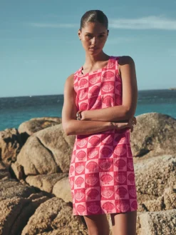 Next Linen Rich Square Neck Shift Mini Dress Bright Pink/ Red Shell Print Online