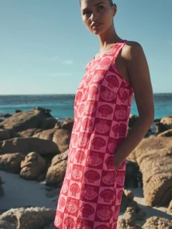 Next Linen Rich Square Neck Shift Mini Dress Bright Pink/ Red Shell Print Online