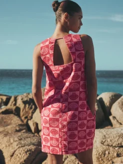 Next Linen Rich Square Neck Shift Mini Dress Bright Pink/ Red Shell Print Online