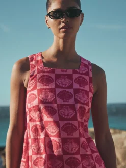 Next Linen Rich Square Neck Shift Mini Dress Bright Pink/ Red Shell Print Online