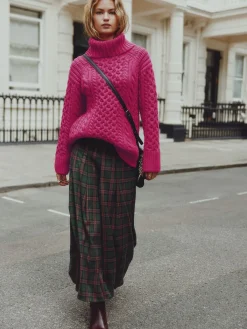 Next Roll Neck Cable Longline Jumper with Wool Bright Pink Hot