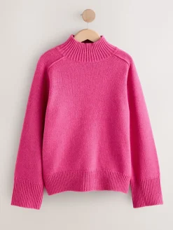 Next Stand Neck Chunky Knit Jumper With Wool Bright Pink New