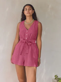 Next Bright Pink/Red Belted Summer Playsuit Hot