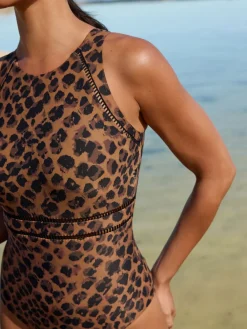 Next High Neck Tummy Control Shaping Swimsuit Brown Animal Clearance