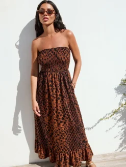 Next Print Bandeau Frill Summer Midi Dress Brown Animal Discount