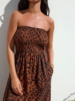 Next Print Bandeau Frill Summer Midi Dress Brown Animal Discount