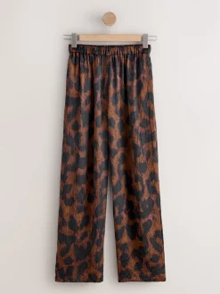 Next Satin Crinkle Wide Leg Trousers Brown Animal Print Outlet