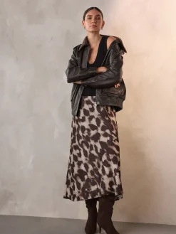 Next Satin Midi Skirt Brown Animal Print