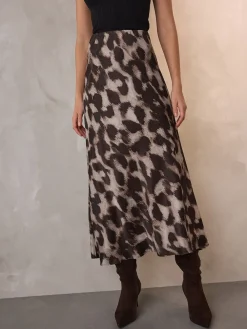 Next Satin Midi Skirt Brown Animal Print