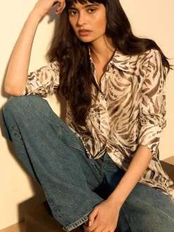 Next Sheer Long Sleeve Shirt Brown Animal Print Clearance