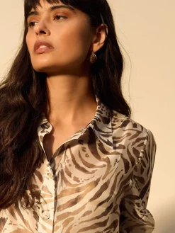 Next Sheer Long Sleeve Shirt Brown Animal Print Clearance