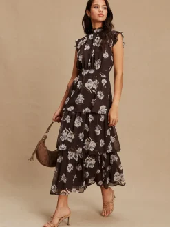 Next Printed High Neck Tiered Occasion Maxi Dress Brown Floral Best