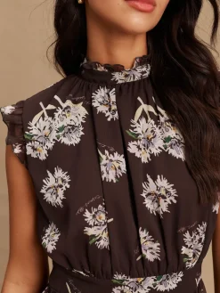 Next Printed High Neck Tiered Occasion Maxi Dress Brown Floral Best