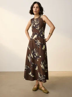 Next Sleeveless Column A-Line Maxi Dress Brown Floral Discount