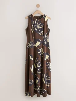 Next Sleeveless Column A-Line Maxi Dress Brown Floral Discount
