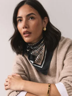 Next Brown Geometric Print Satin Square Scarf New