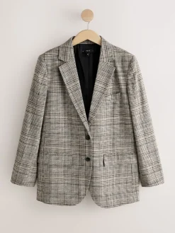 Next Brown N.Premium Check Linen Rich Single Breasted Blazer