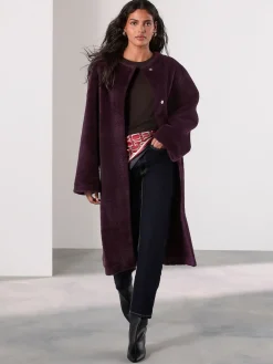 Next Burgundy Red Faux Fur Collarless Coat New