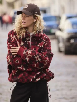 Next Jacquard Teddy Borg Quarter Zip Fleece Sweatshirt Burgundy Red Floral Hot