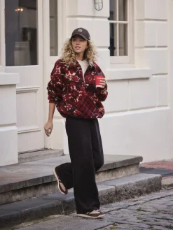 Next Jacquard Teddy Borg Quarter Zip Fleece Sweatshirt Burgundy Red Floral Hot