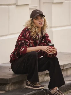 Next Jacquard Teddy Borg Quarter Zip Fleece Sweatshirt Burgundy Red Floral Hot