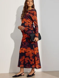 Next Maternity Mesh Bardot Dress Burgundy Red Floral Best