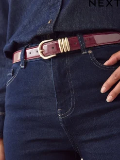 Next High Shine Regular PU Belt Burgundy Red Discount