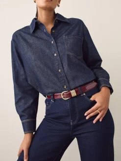 Next High Shine Regular PU Belt Burgundy Red Discount