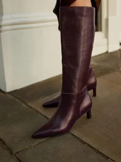 Next Knee High Skinny Heeled Boots Burgundy Red Leather