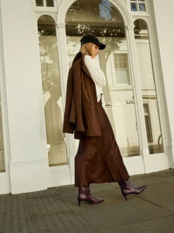 Next Knee High Skinny Heeled Boots Burgundy Red Leather