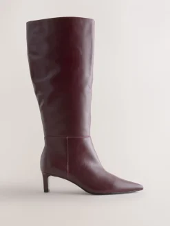 Next Knee High Skinny Heeled Boots Burgundy Red Leather