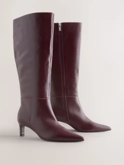 Next Knee High Skinny Heeled Boots Burgundy Red Leather