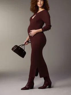Next Maternity Knitted Keyhole Dress Burgundy Red Hot