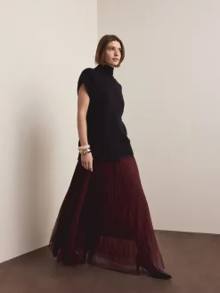 Next Mesh Pleated Maxi Skirt Burgundy Red Online