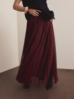 Next Mesh Pleated Maxi Skirt Burgundy Red Online