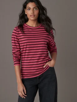 Next Burgundy Red Stripe Long Sleeve Crew Neck T-Shirt Sale