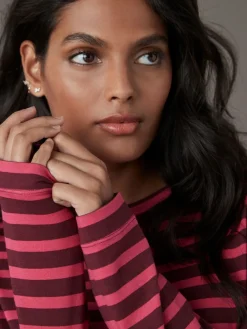 Next Burgundy Red Stripe Long Sleeve Crew Neck T-Shirt Sale